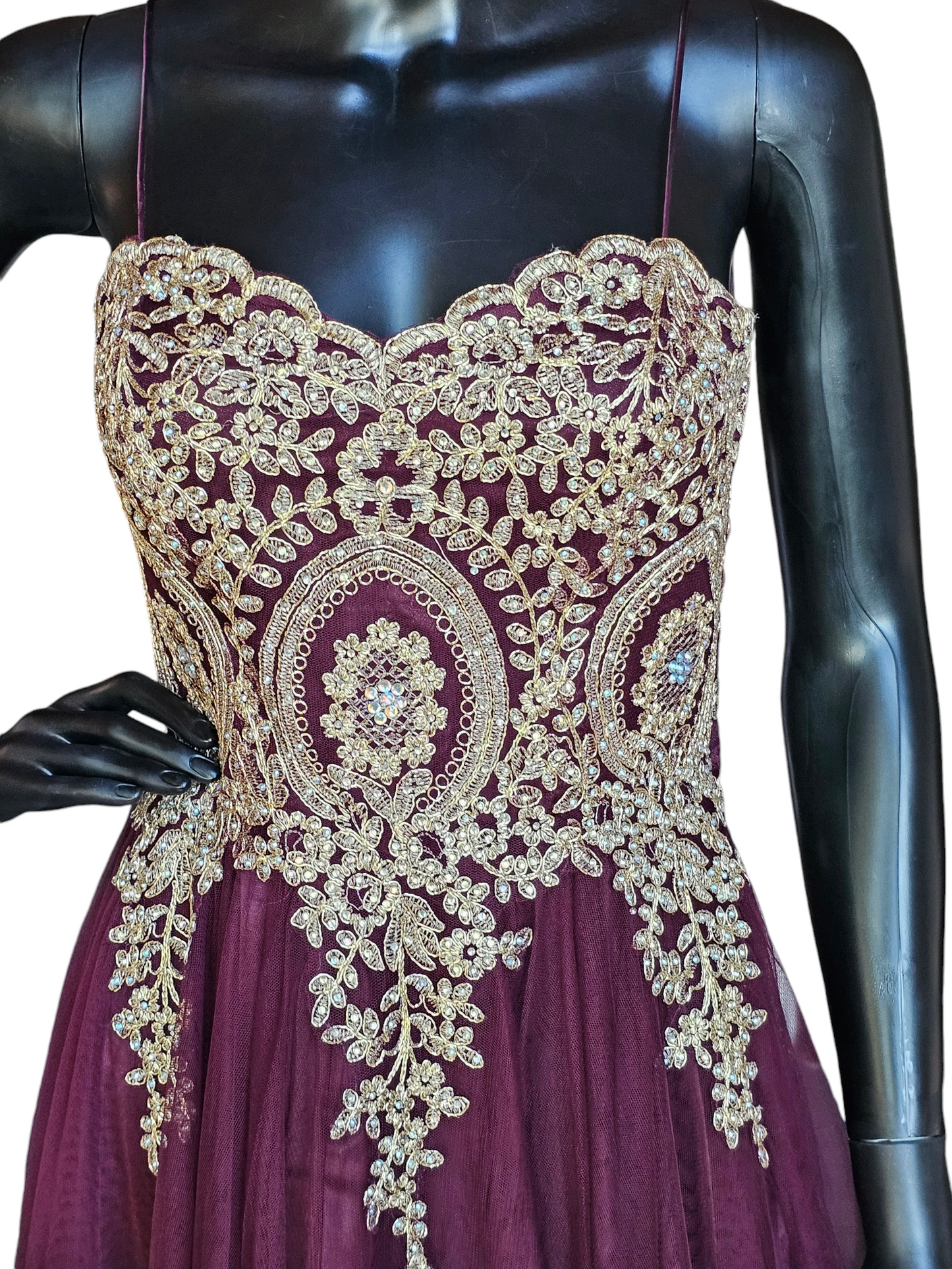 Burgandy/Gold Lace A-Line Tulle Formal Gown