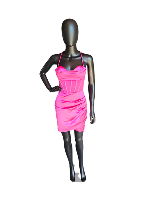 Hot Pink Satin Illusion Panel Cocktail Dress / Party Dress - Lovesome