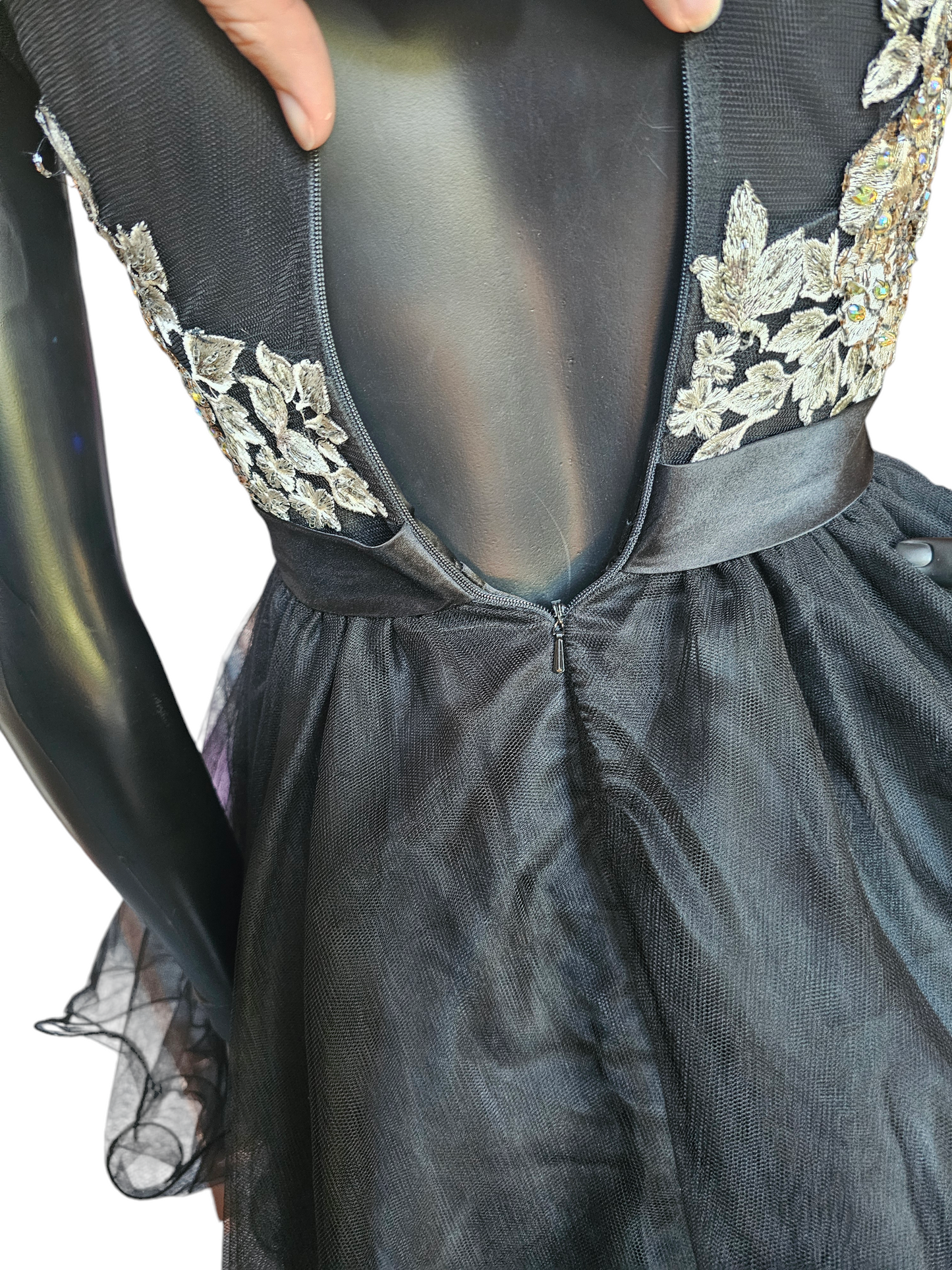 Black/Silver/Gold Embroidered Illusion Knee Length Dress - Mori Lee