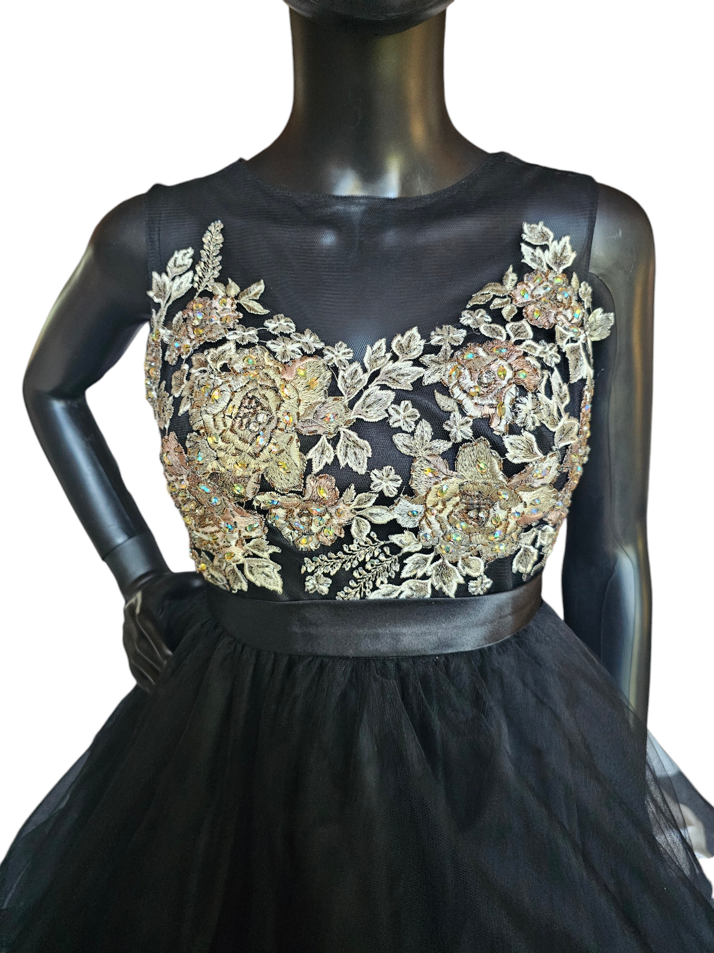 Black/Silver/Gold Embroidered Illusion Knee Length Dress - Mori Lee