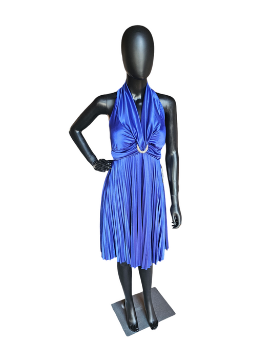 Royal Blue Stretch Satin Pleated Halter - My Michelle