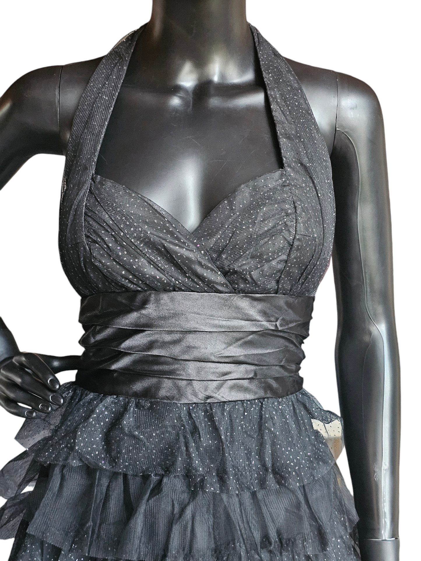 Black Sparkle Halter Tiered Flounce Knee Length Party Dress - Masquarade