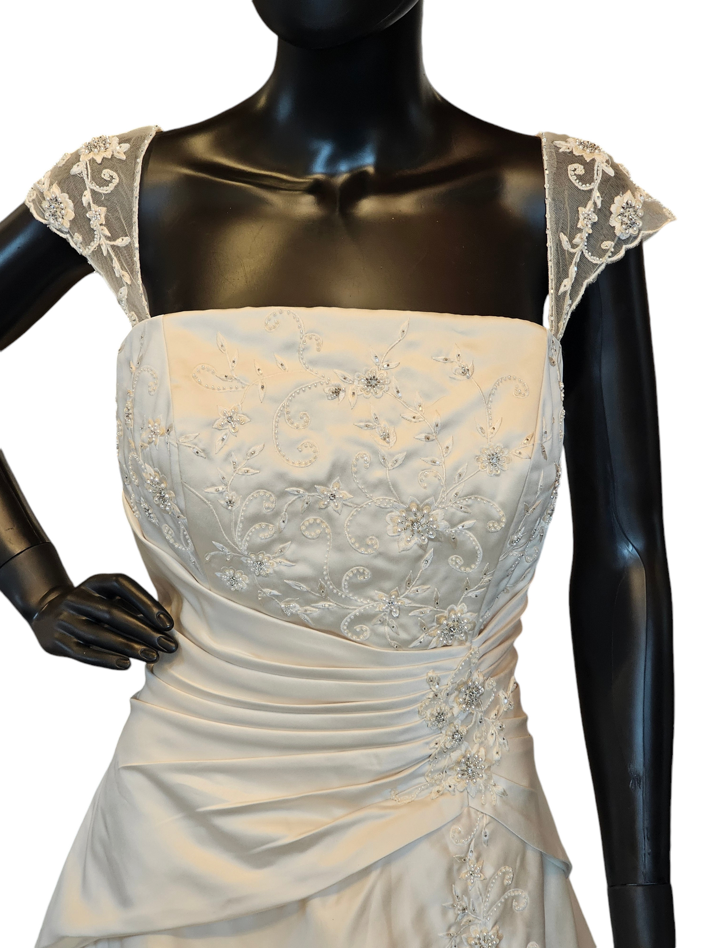 Champagne Satin Side Ruched Cap Sleeve Wedding Gown