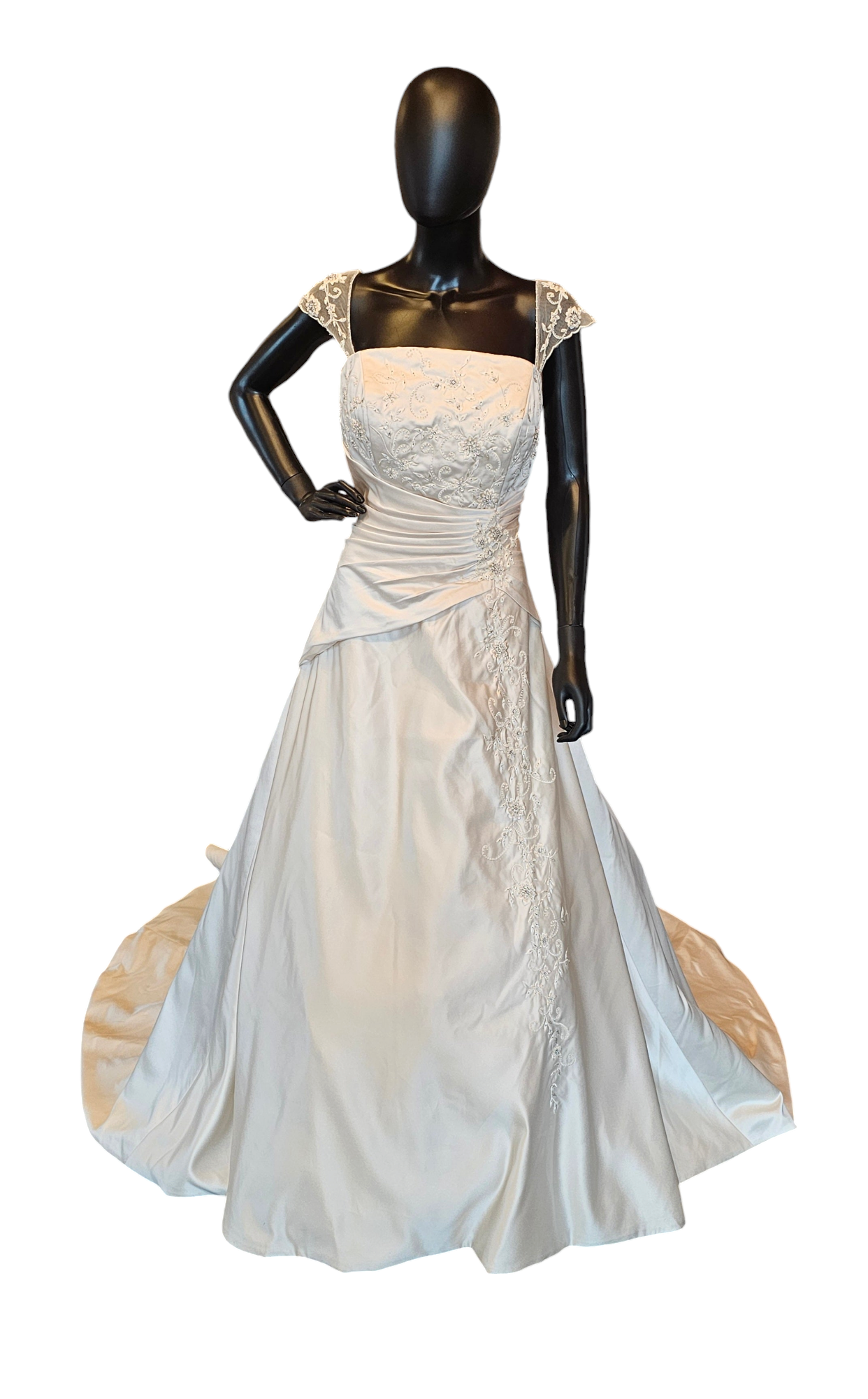 Champagne Satin Side Ruched Cap Sleeve Wedding Gown