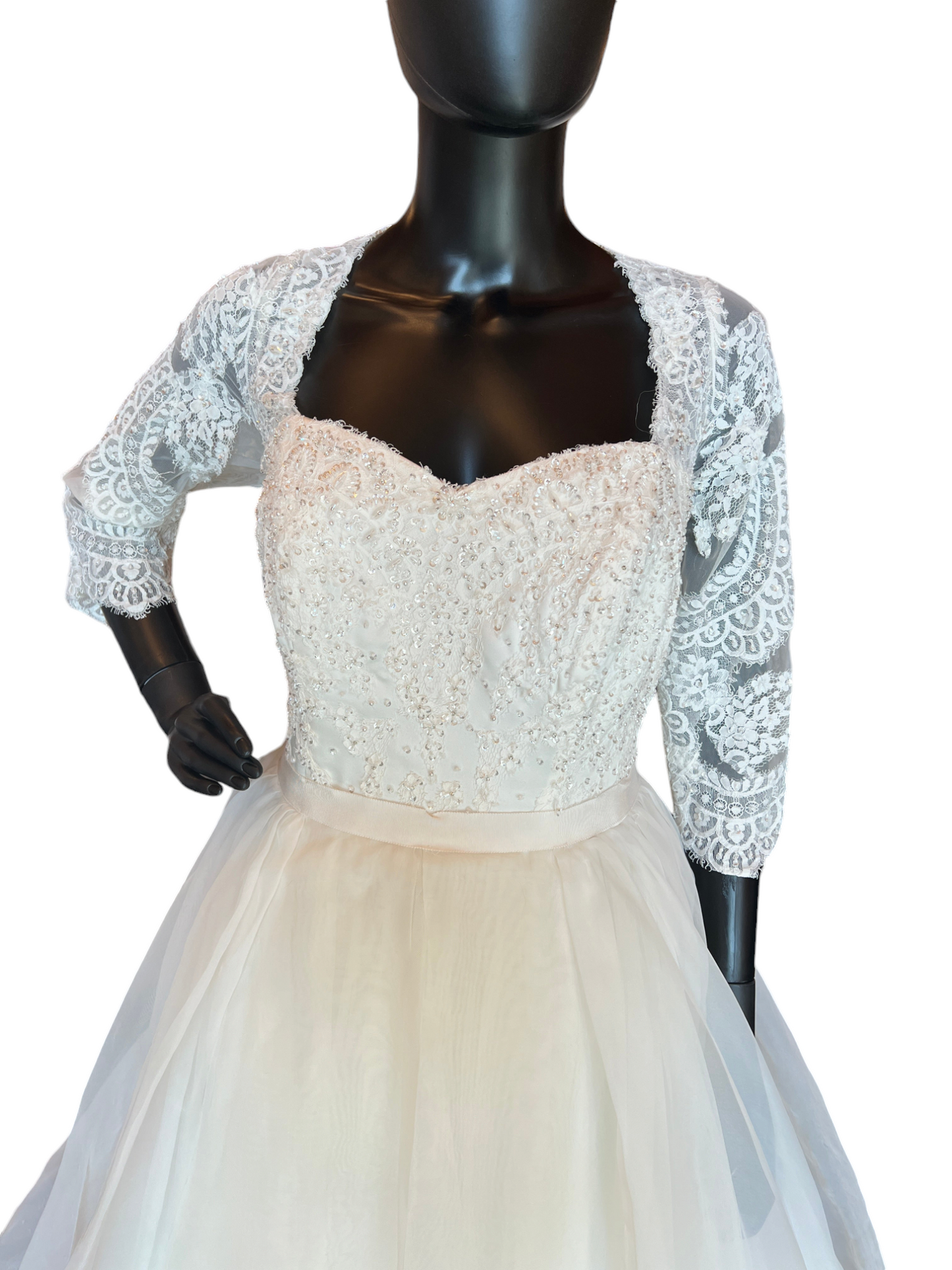 Oleg Cassini Ivory Lace Sleeve Organza Wedding Gown