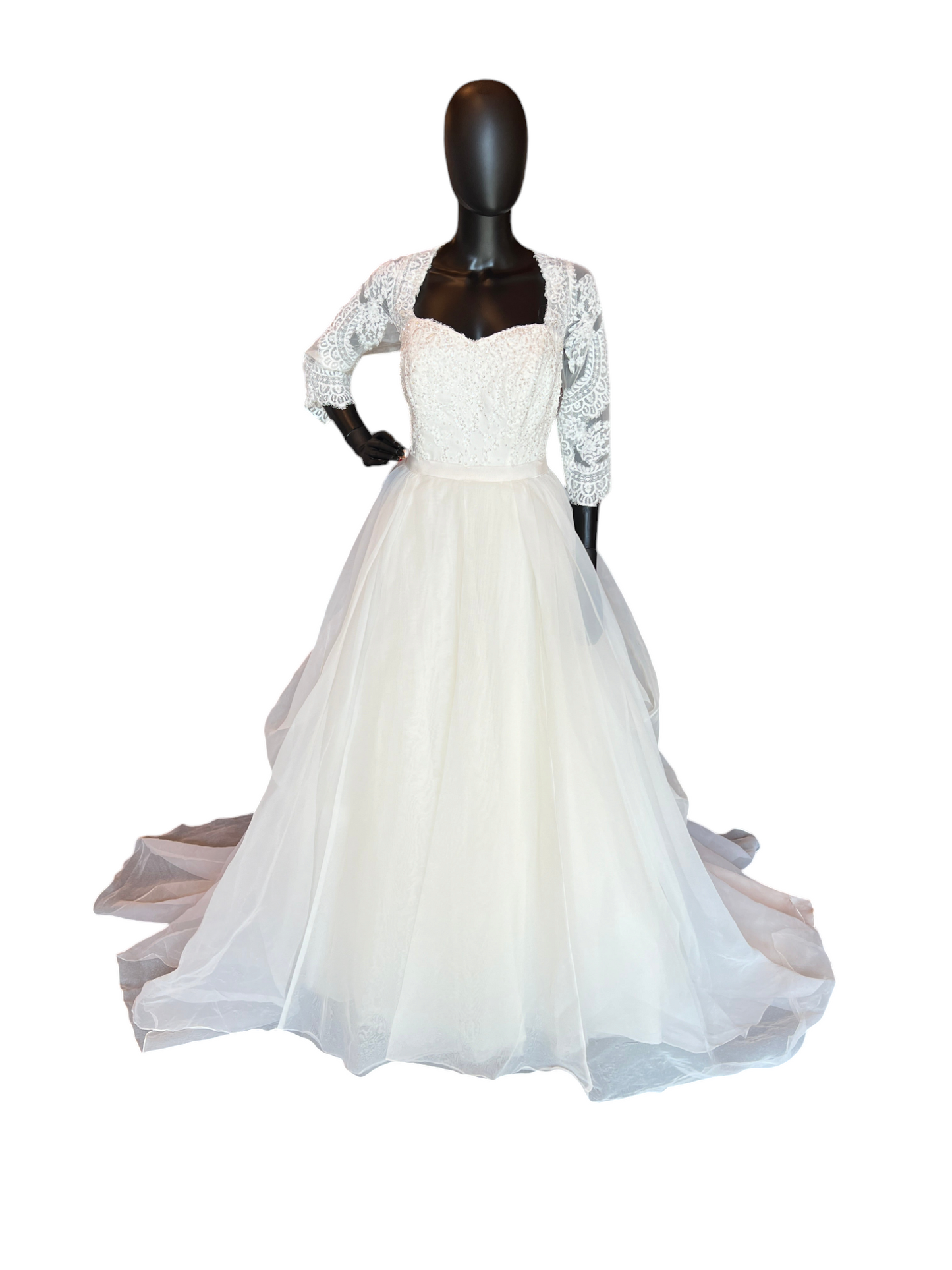 Oleg Cassini Ivory Lace Sleeve Organza Wedding Gown