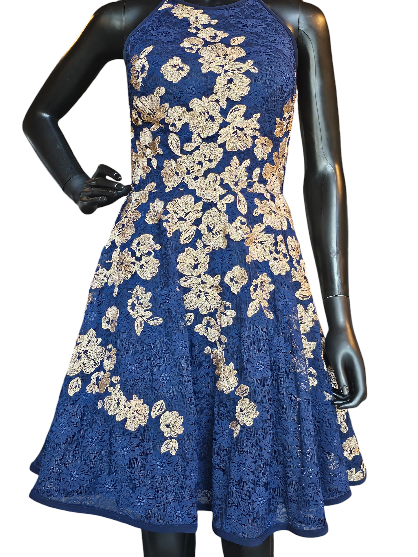 Navy Lace Halter Gold Embroidered Dress - Xscape Navy Lace Halter Gold Embroidered Dress - Xscape