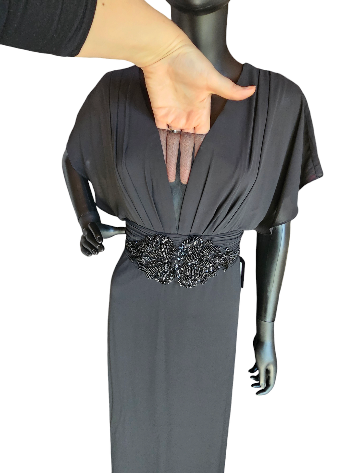 Black Chiffon Flutter Sleeve Full Length Formal Gown