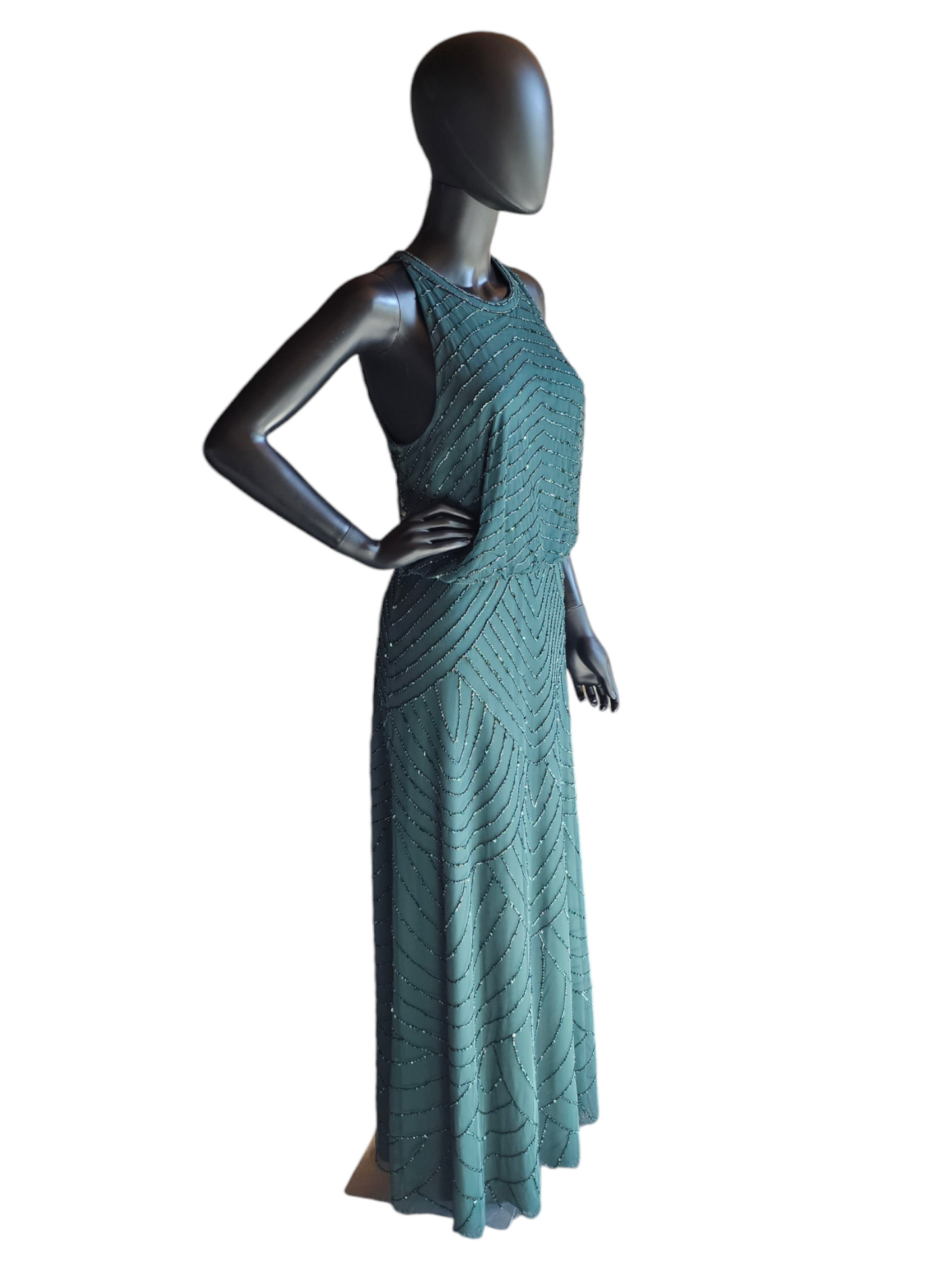 Adrianna Papell Forest Green Beaded Blouson Formal Gown