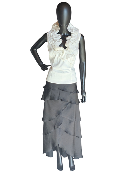 2-Piece White Ruffle Blouse and Tiered Chiffon Skirt