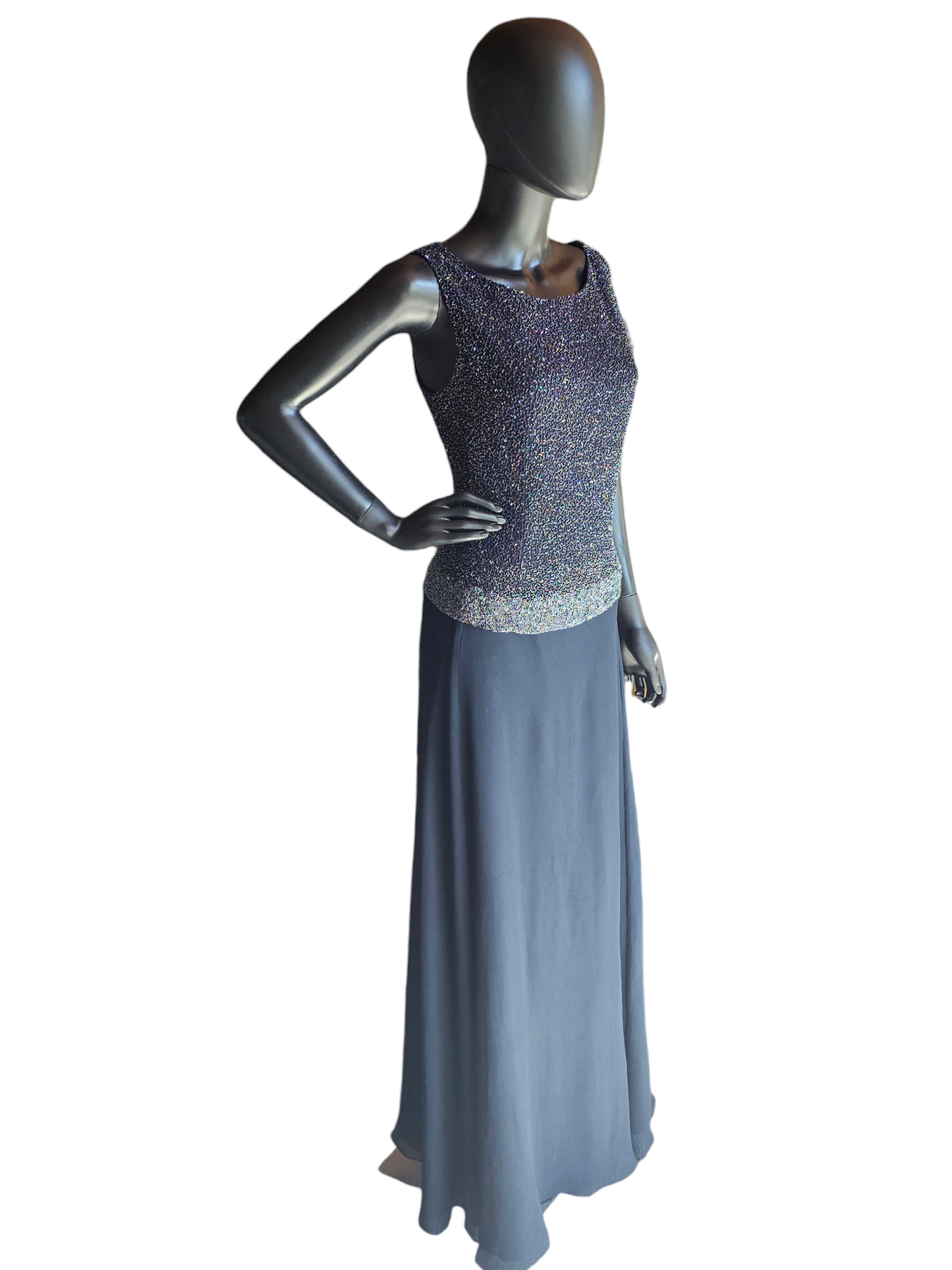 Navy Crepe Beaded Bodice Full Length Gown - Jkara New York