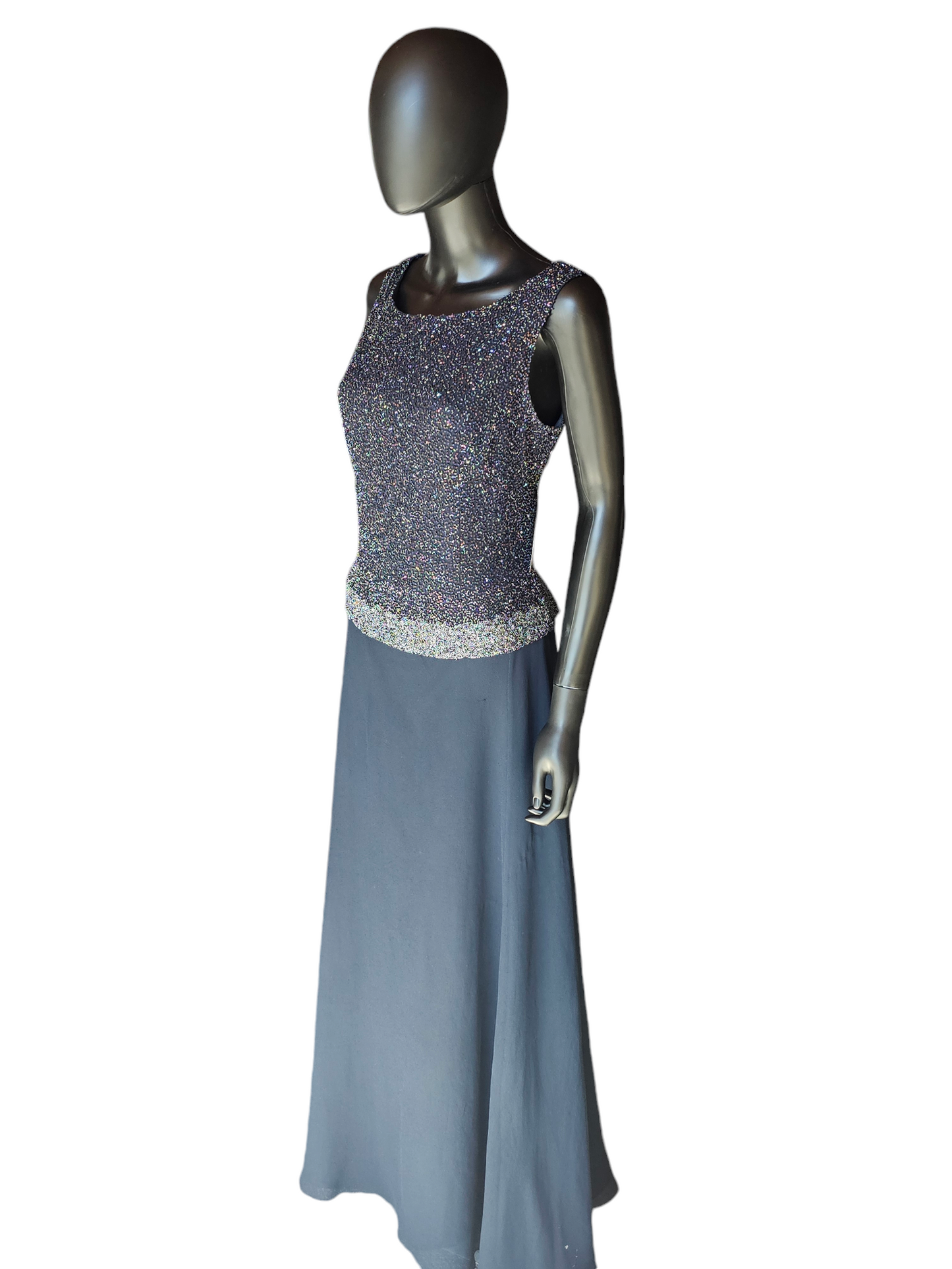 Navy Crepe Beaded Bodice Full Length Gown - Jkara New York