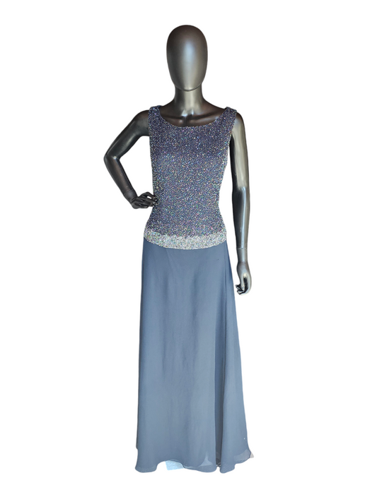 Navy Crepe Beaded Bodice Full Length Gown - Jkara New York