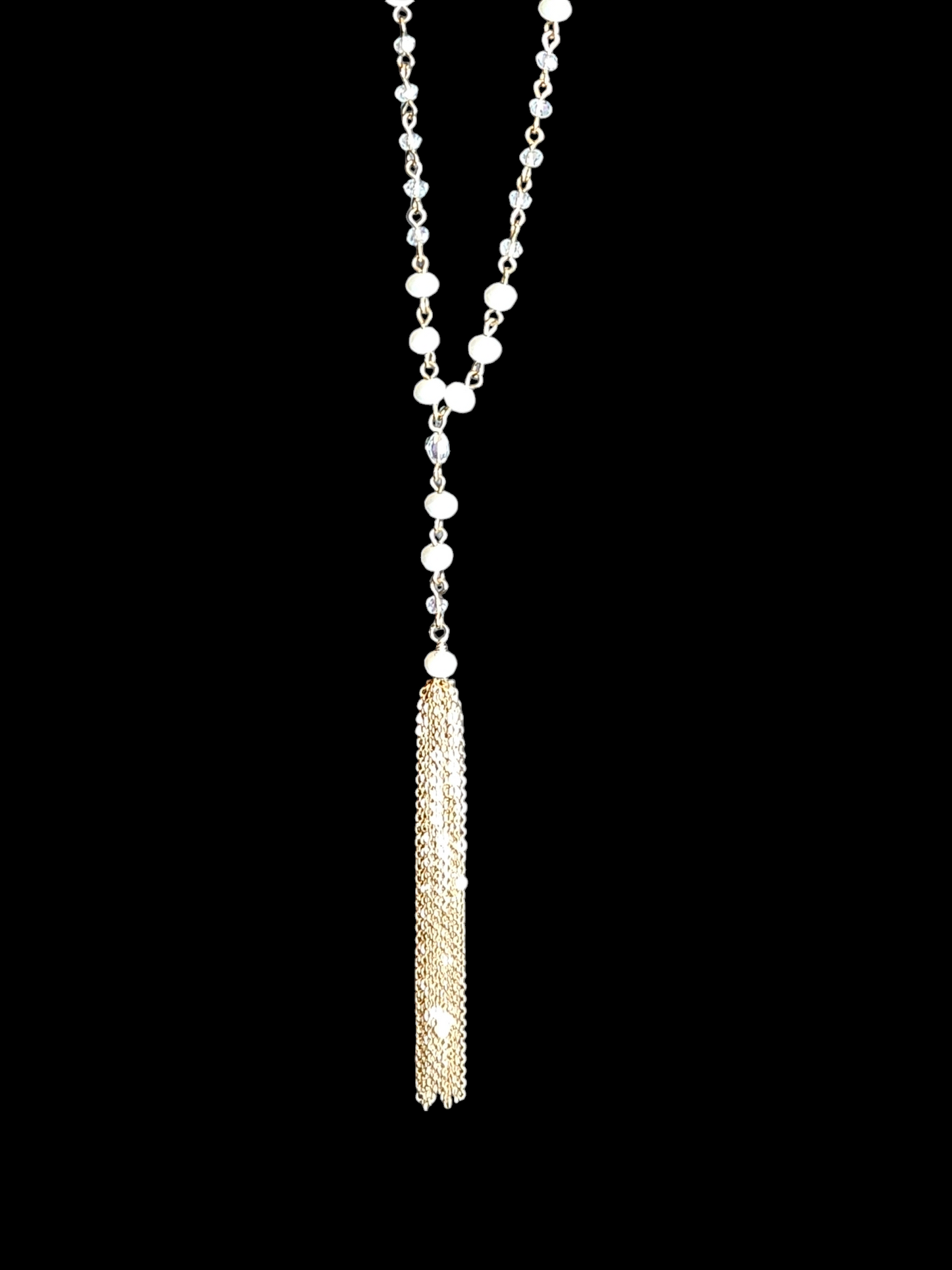 Gold/White Crystal Bead Long Tassel Necklace