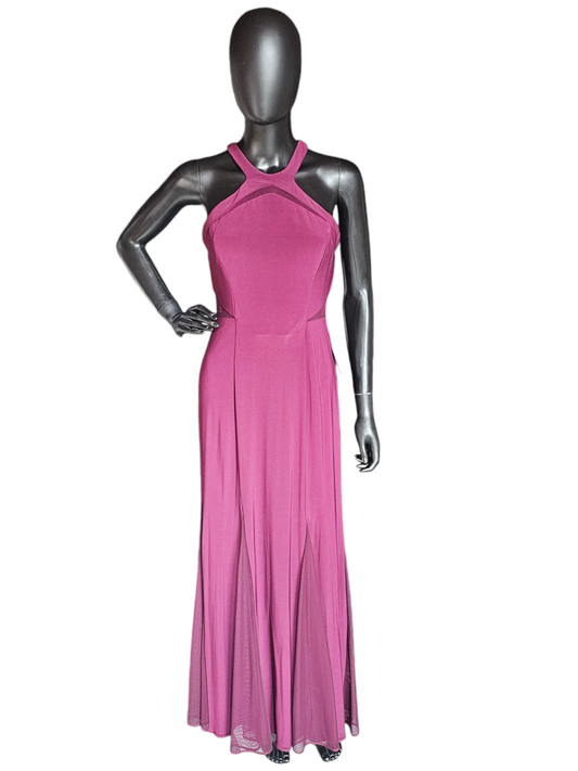 Burgundy Illusion Halter Full Length Formal Gown - Nightway