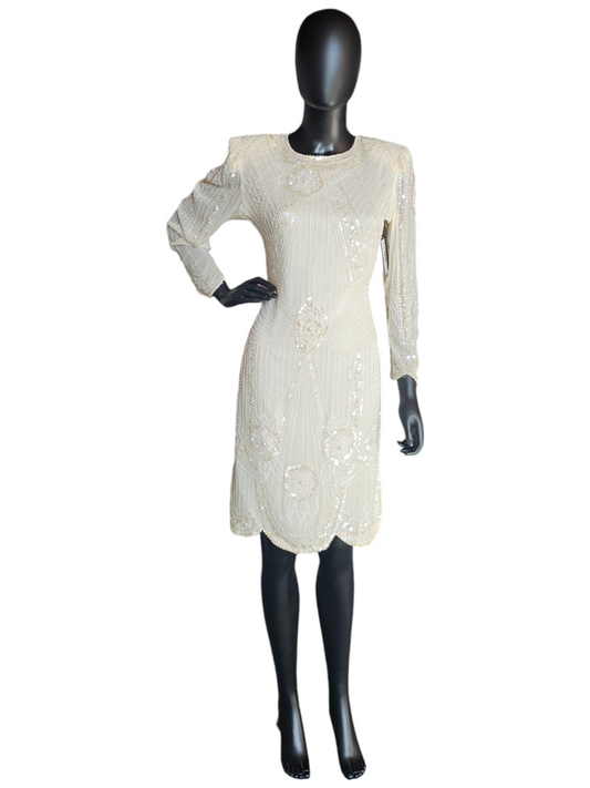 Vintage Ivory Silk Beaded Cocktail Dress  - Lillie Rubin