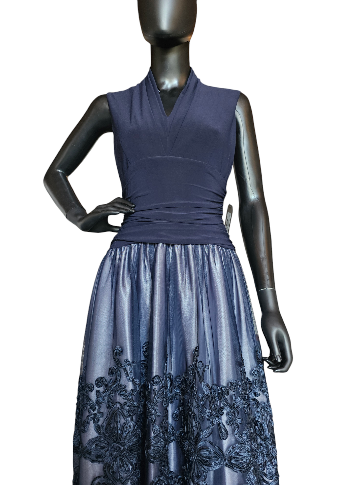 Navy Ruched Floral Skirt Cocktail Dress - SLNY