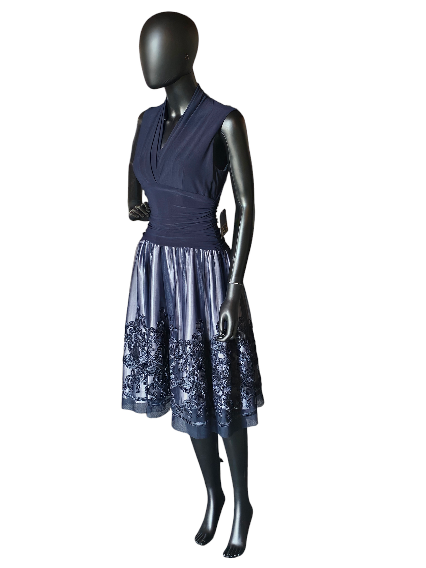 Navy Ruched Floral Skirt Cocktail Dress - SLNY