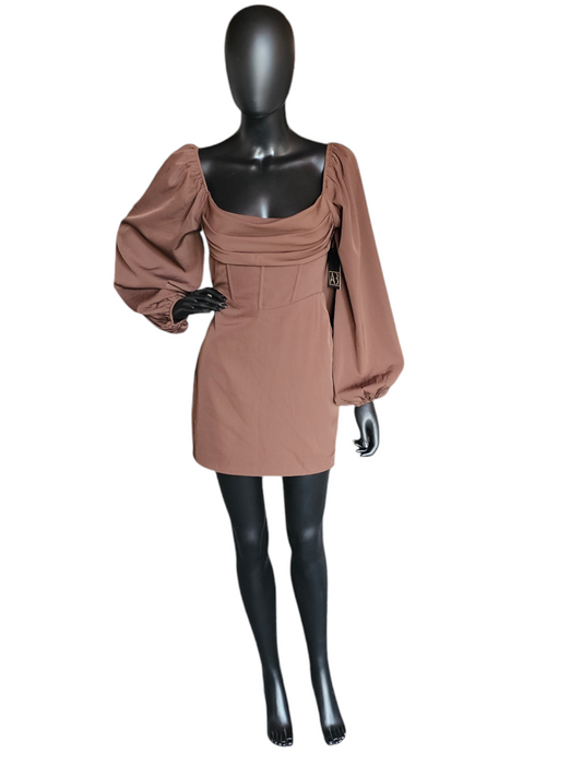 Brown Bishop Sleeve Minidress - Princess Polly