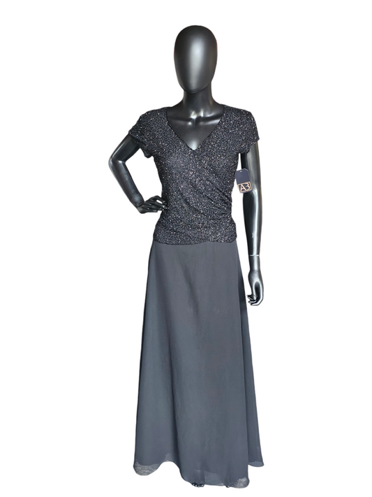 Black Beaded Cap Sleeve Formal Gown - JKARA New York