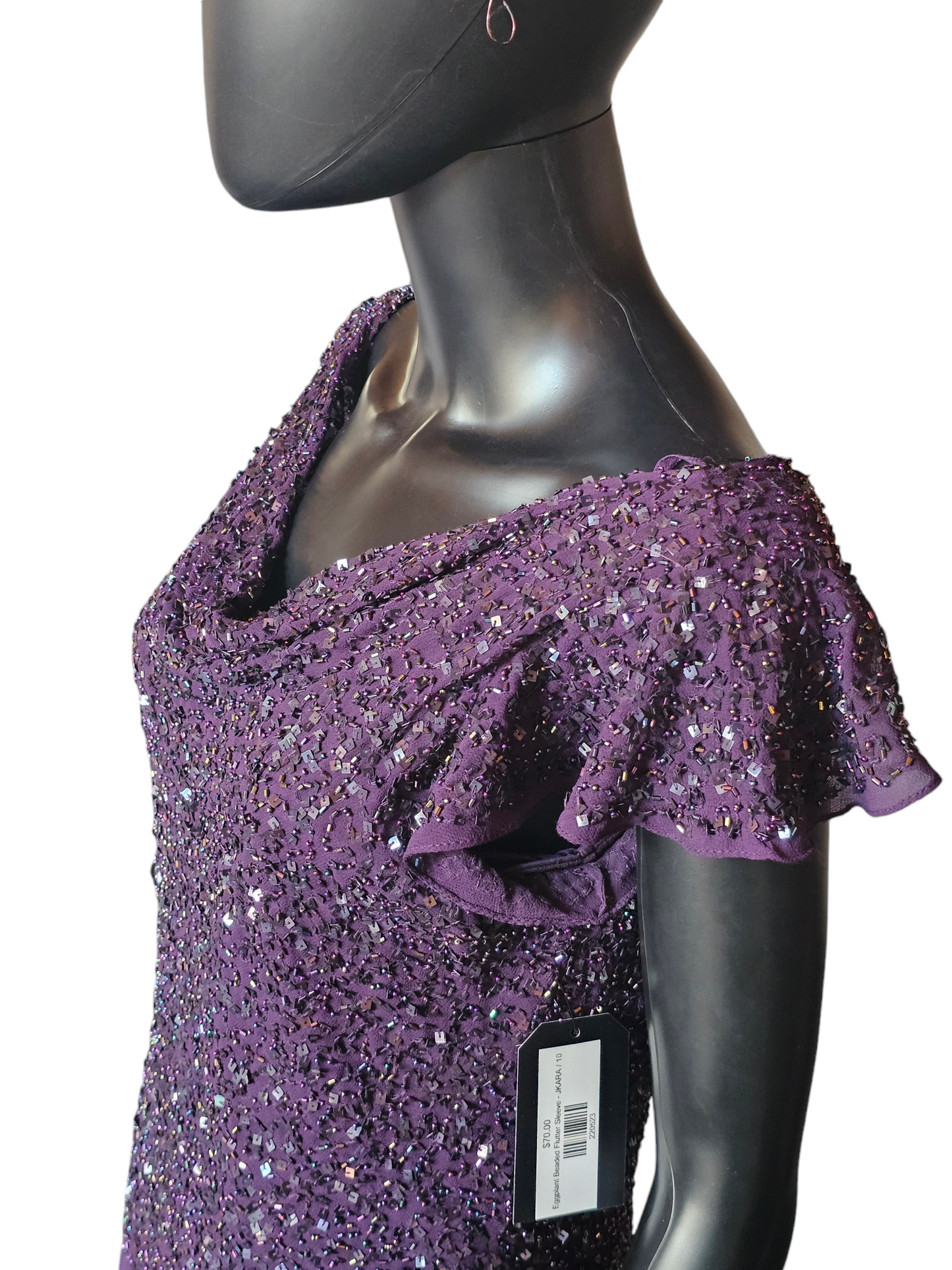 Eggplant Beaded Flutter Sleeve - JKARA