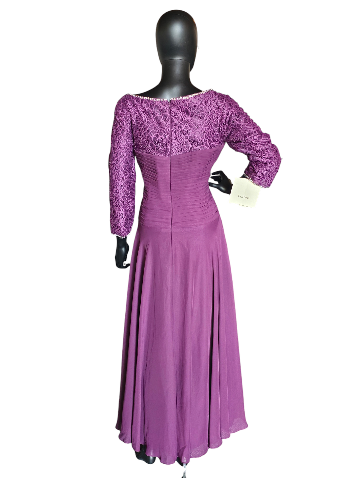 Plum Chiffon Ruched Lace Illusion Sleeve Formal Dress - Lightbox - NWT