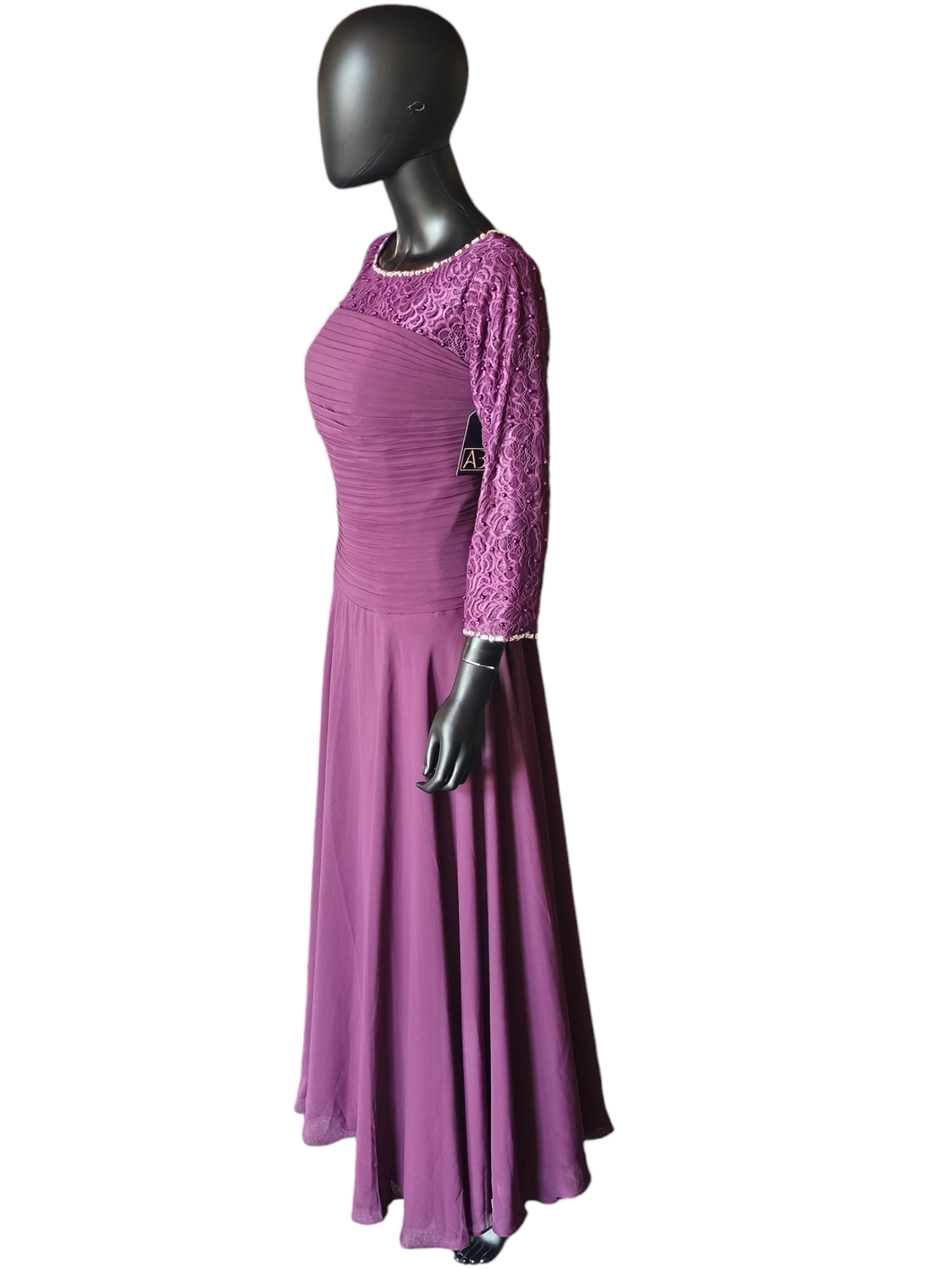 Plum Chiffon Ruched Lace Illusion Sleeve Formal Dress - Lightbox - NWT