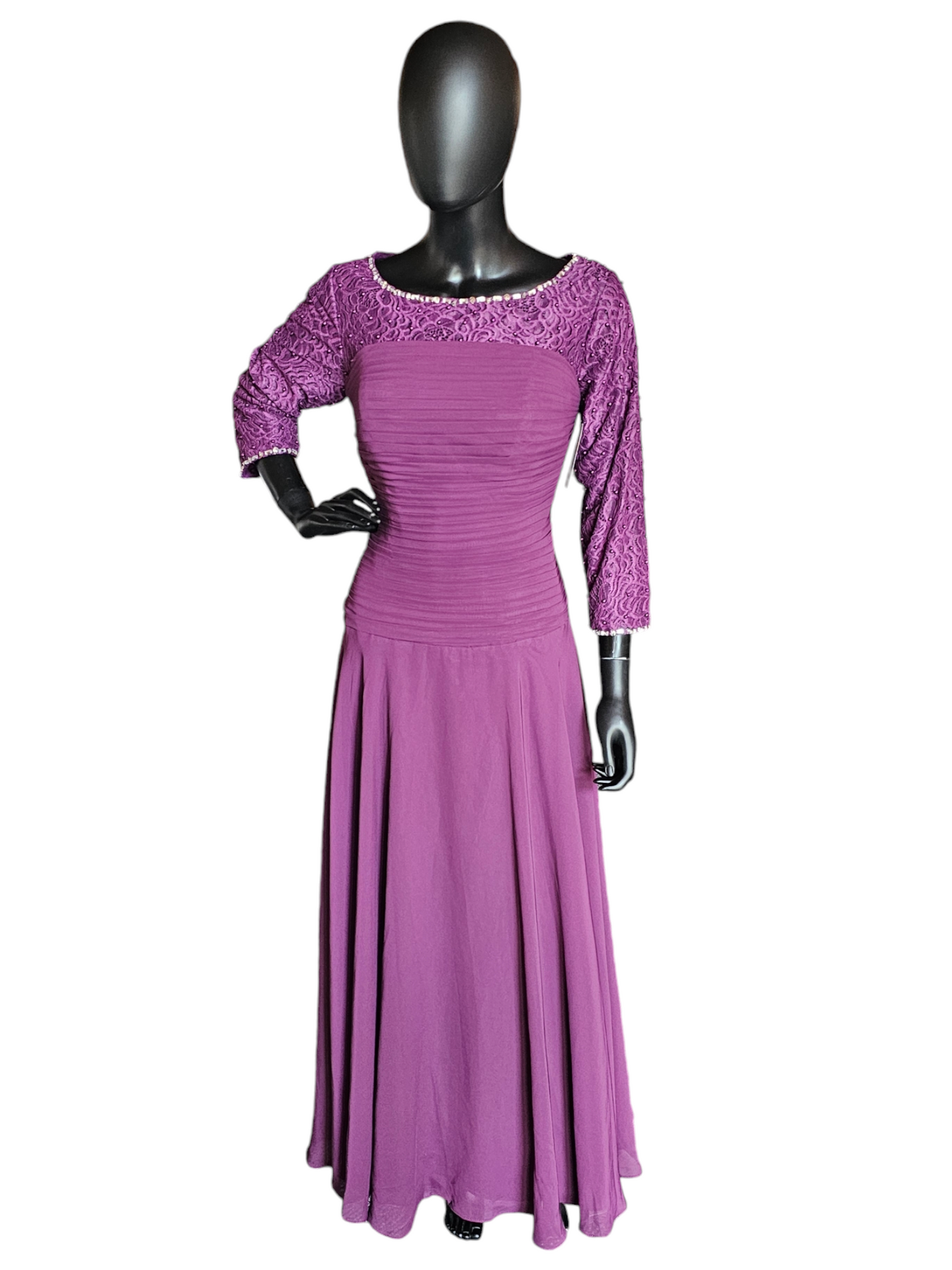 Plum Chiffon Ruched Lace Illusion Sleeve Formal Dress - Lightbox - NWT