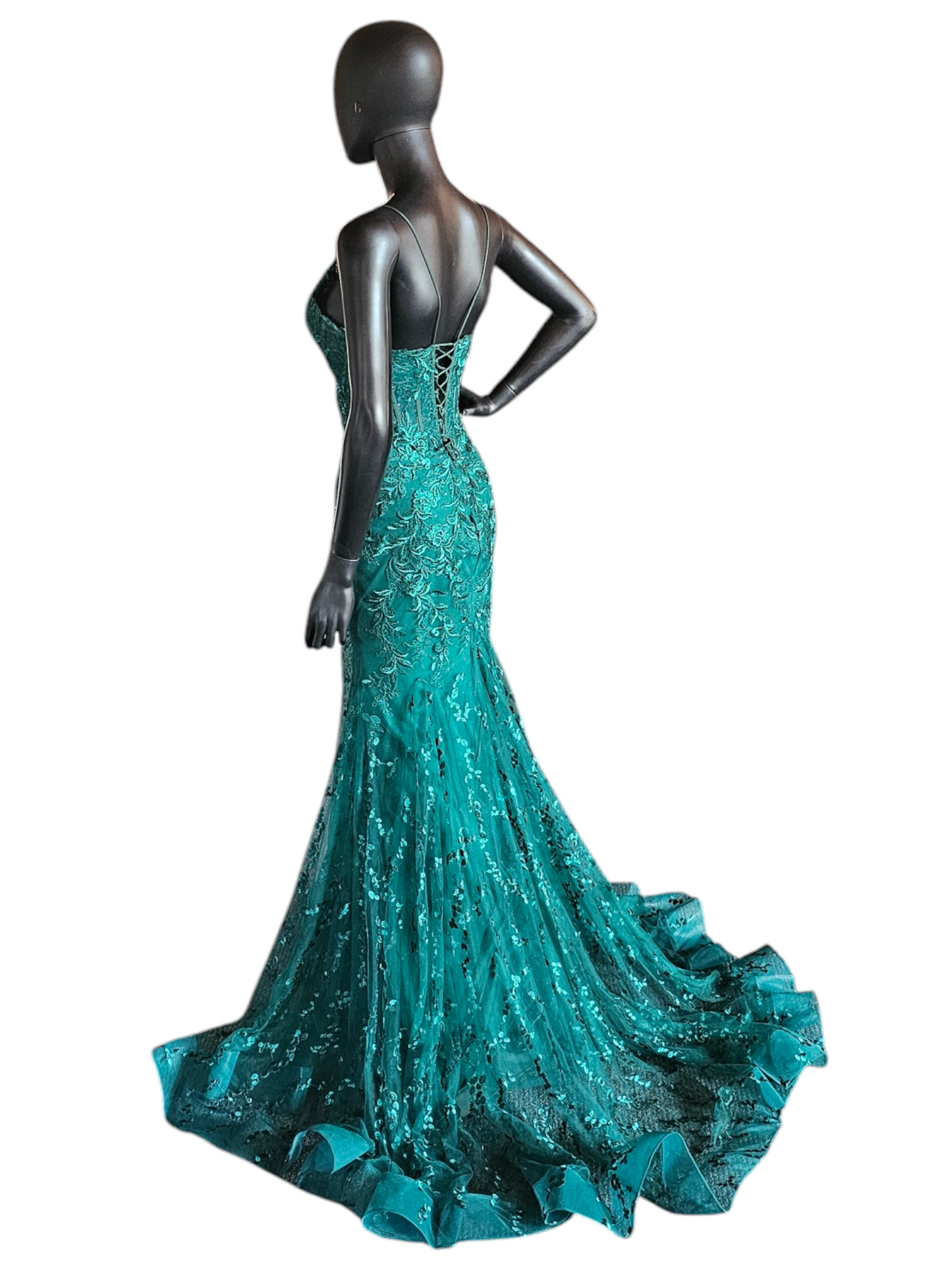 Forest Green Sequin Maxi Formal Gown W/Train -  ew35010 - Ellie Wilde