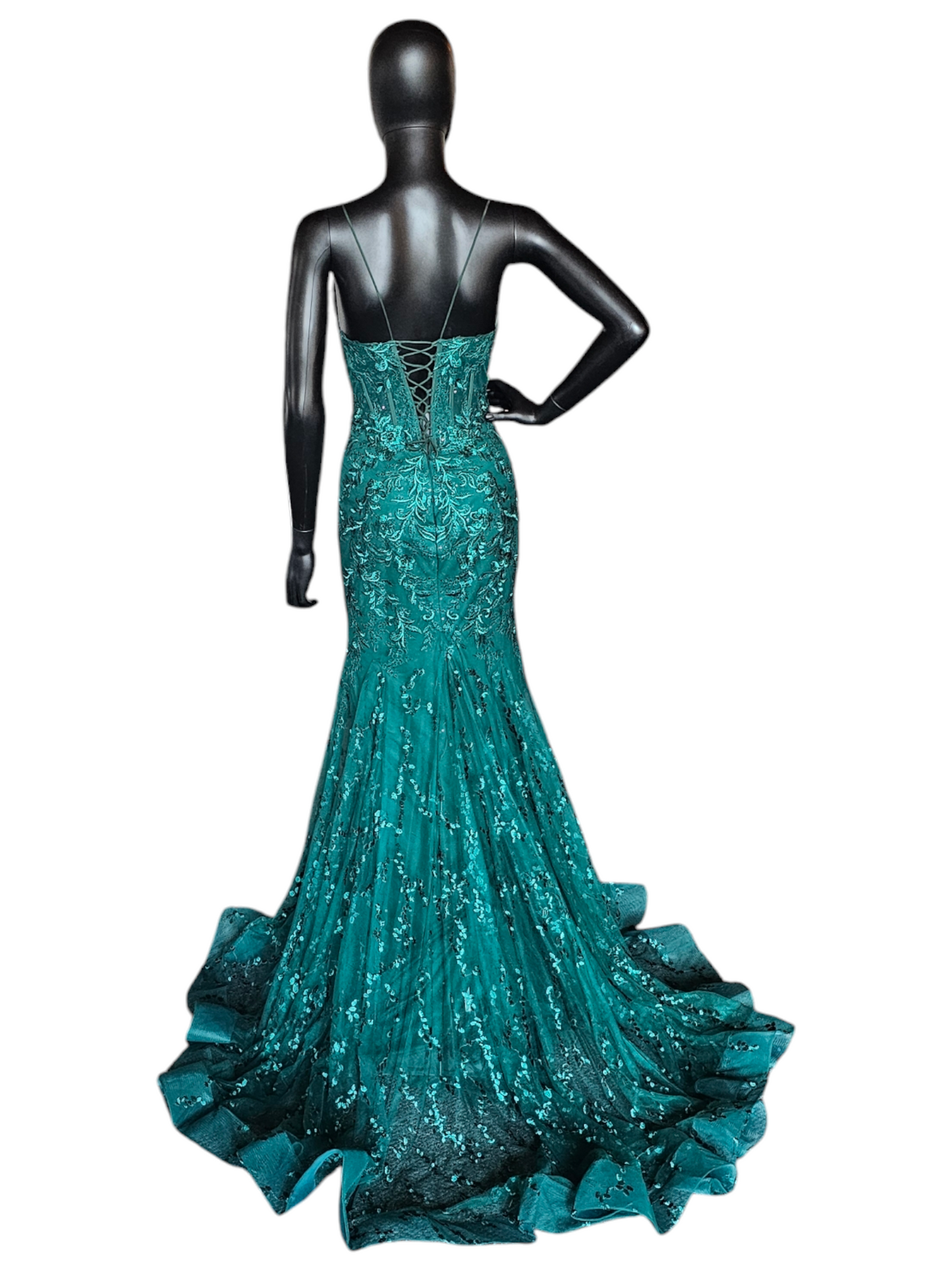 Forest Green Sequin Maxi Formal Gown W/Train -  ew35010 - Ellie Wilde