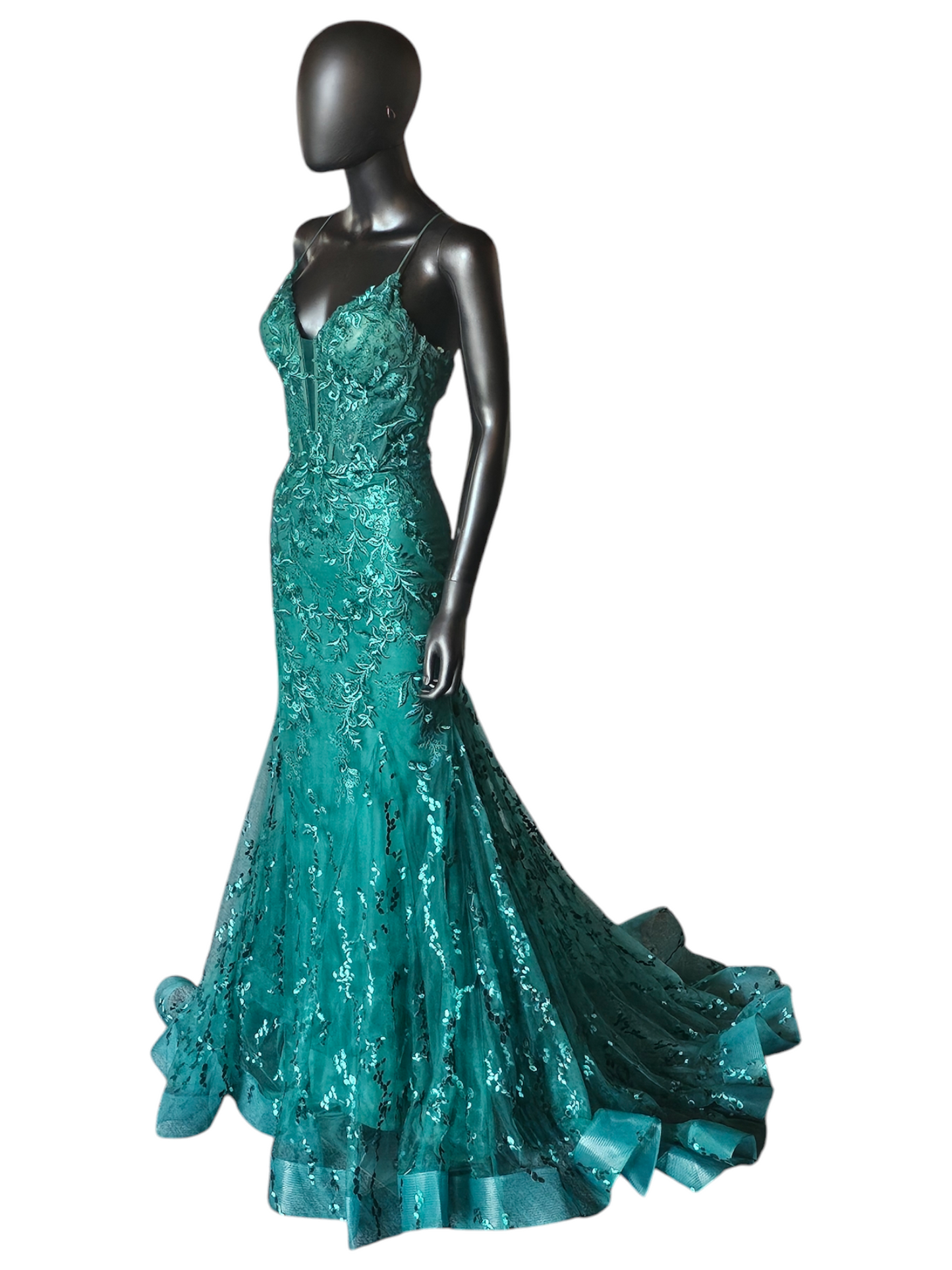 Forest Green Sequin Maxi Formal Gown W/Train -  ew35010 - Ellie Wilde