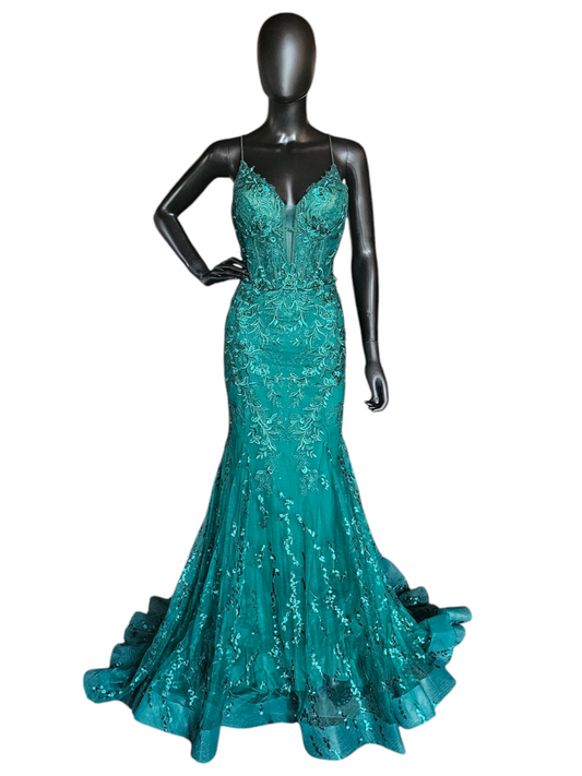 Forest Green Sequin Maxi Formal Gown W/Train -  ew35010 - Ellie Wilde