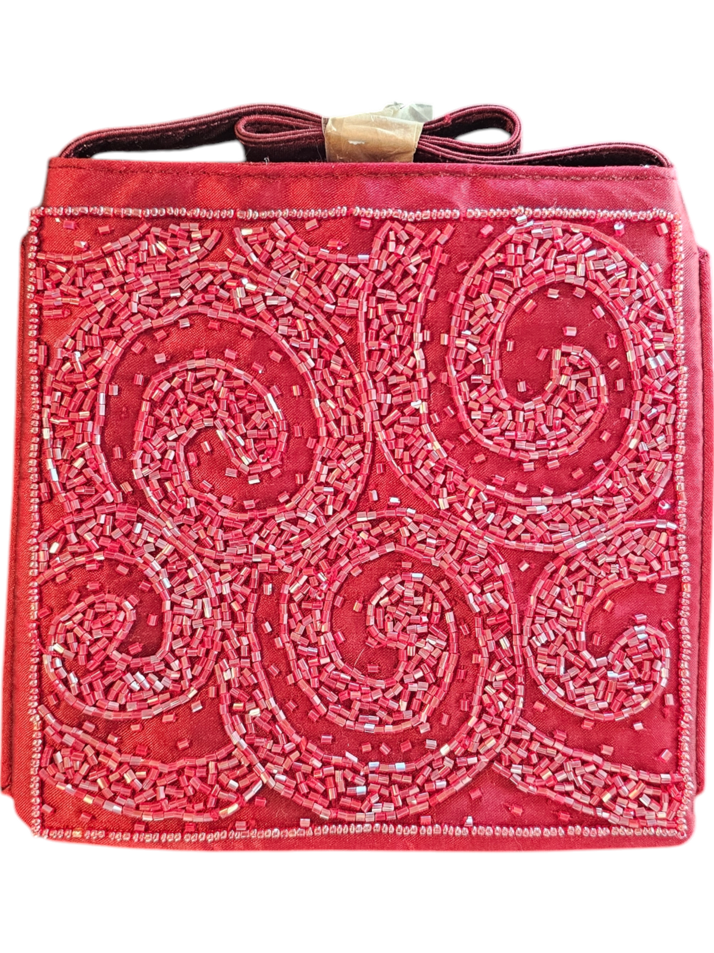 Red Satin Beaded Swirl Handbag W/ Strap