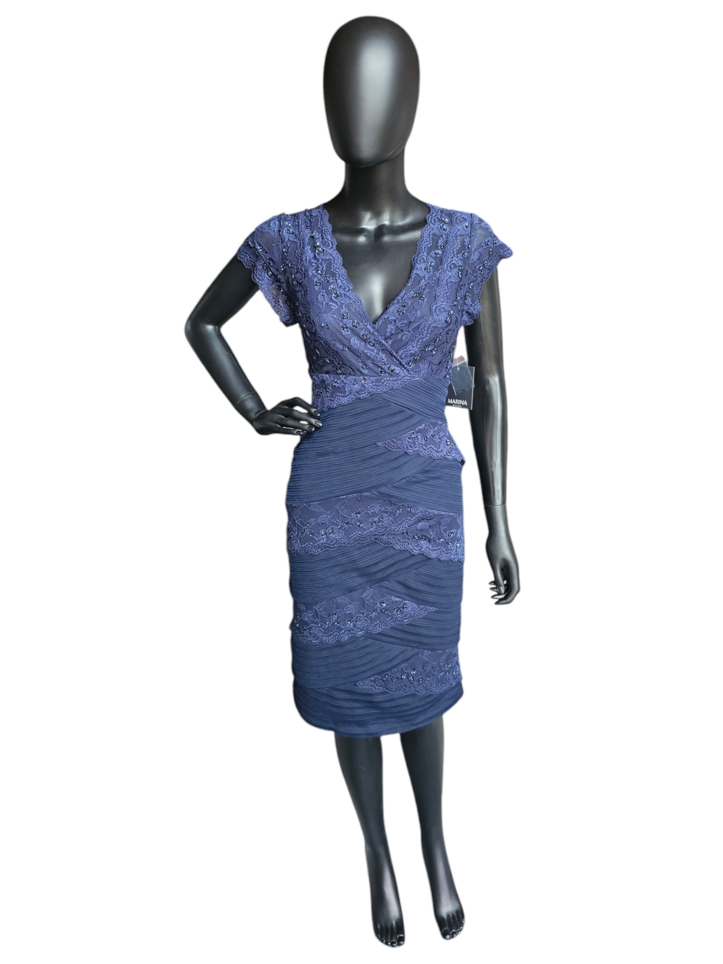 Navy Lace Tiered V-Neck Cap Sleeve Cocktail Dress - NWT - Marina