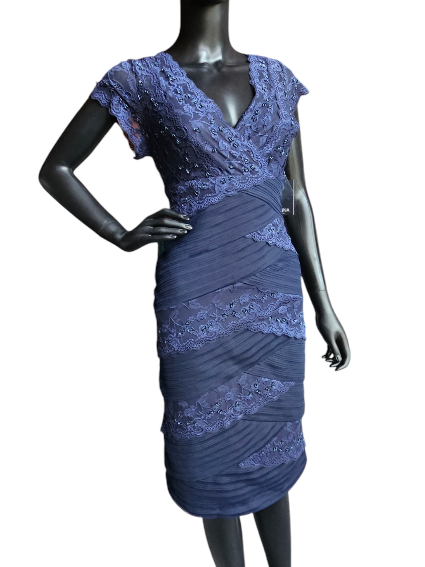 Navy Lace Tiered V-Neck Cap Sleeve Cocktail Dress - NWT - Marina