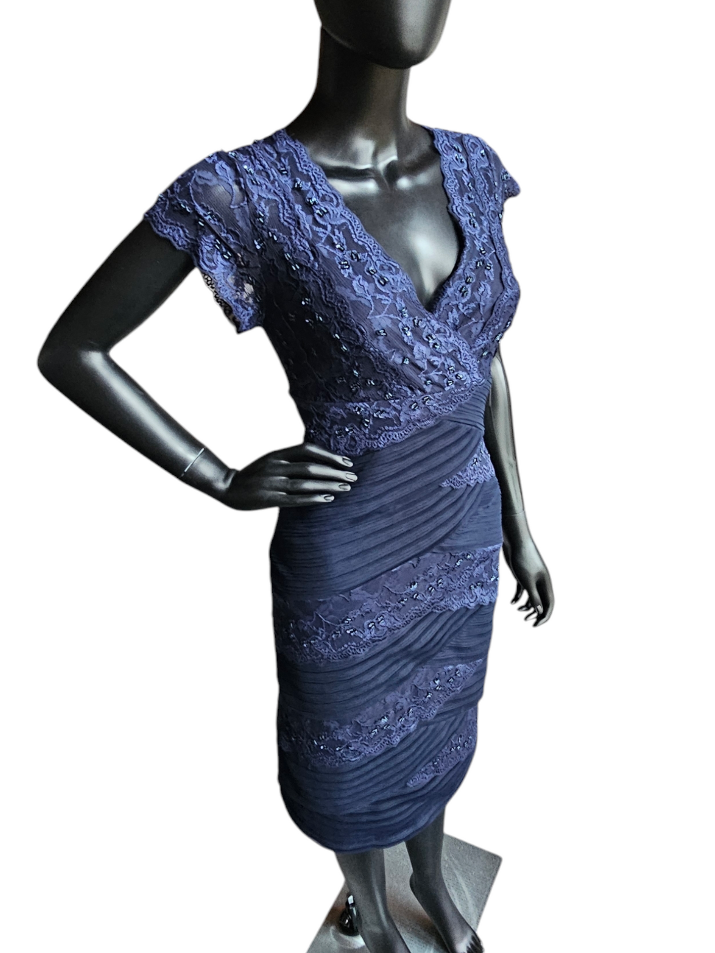 Navy Lace Tiered V-Neck Cap Sleeve Cocktail Dress - NWT - Marina