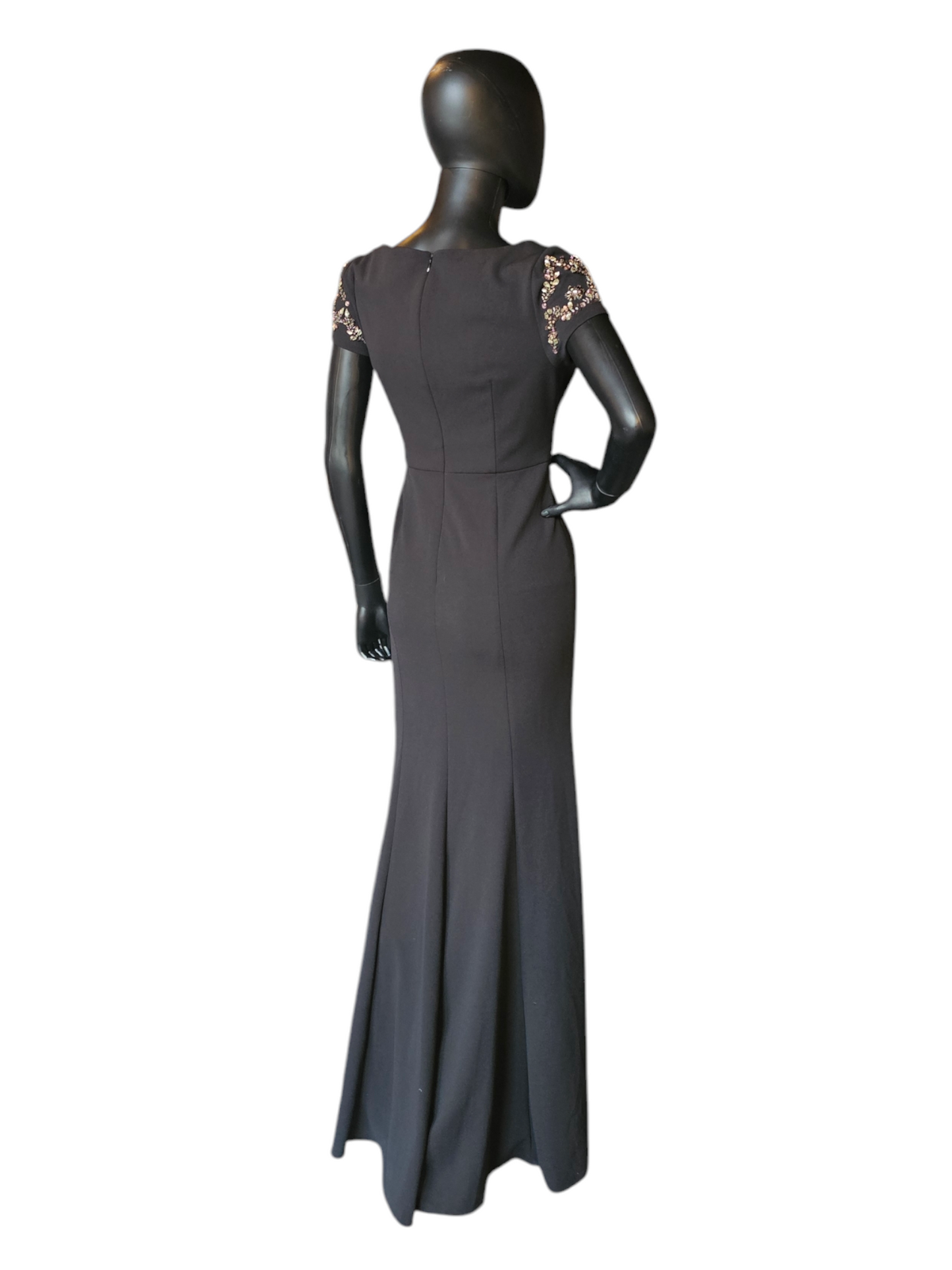 Sttetch Crepe Black Fitted Sheath Jewel Cap Sleeve Formal Gown - Adrianna Papell