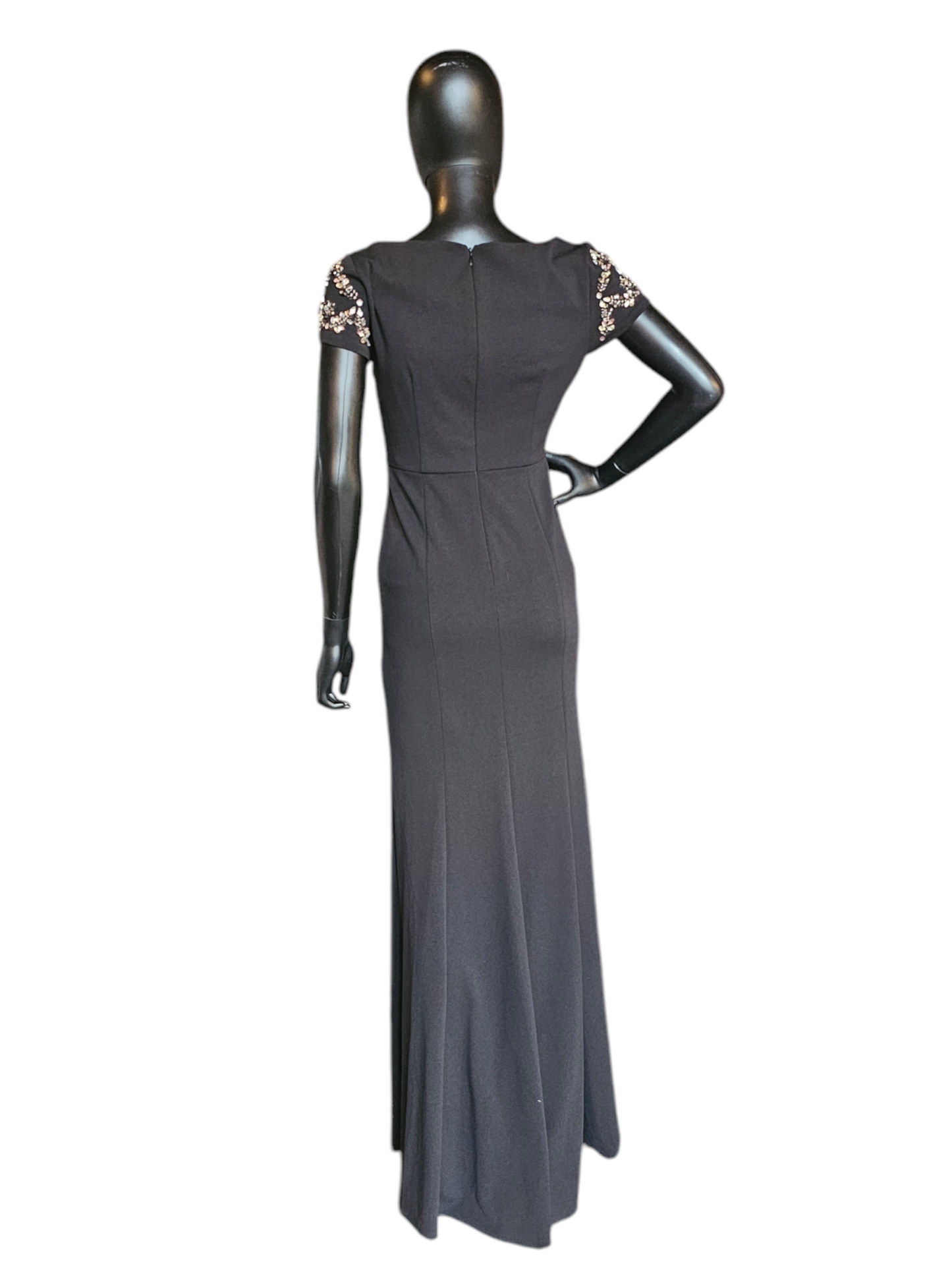 Sttetch Crepe Black Fitted Sheath Jewel Cap Sleeve Formal Gown - Adrianna Papell