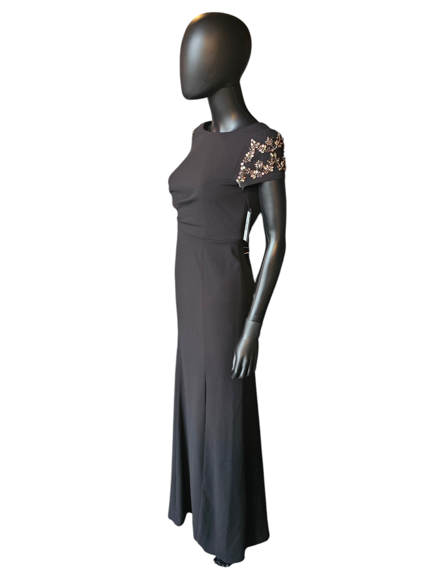 Sttetch Crepe Black Fitted Sheath Jewel Cap Sleeve Formal Gown - Adrianna Papell