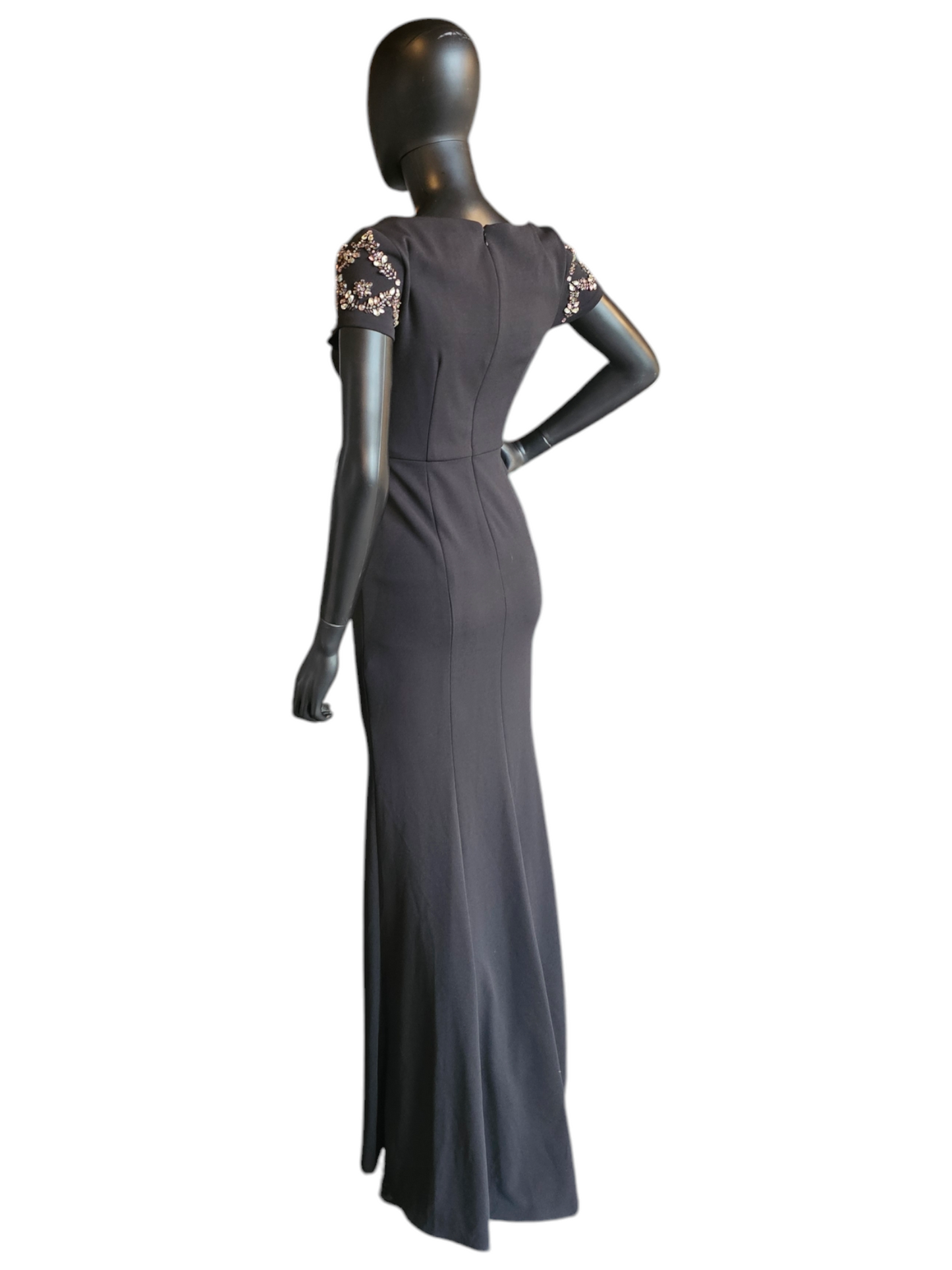 Sttetch Crepe Black Fitted Sheath Jewel Cap Sleeve Formal Gown - Adrianna Papell