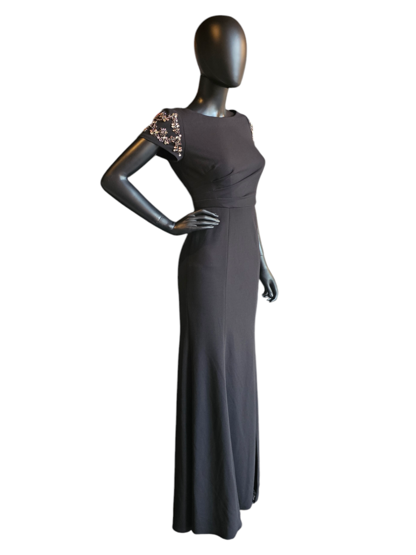 Sttetch Crepe Black Fitted Sheath Jewel Cap Sleeve Formal Gown - Adrianna Papell