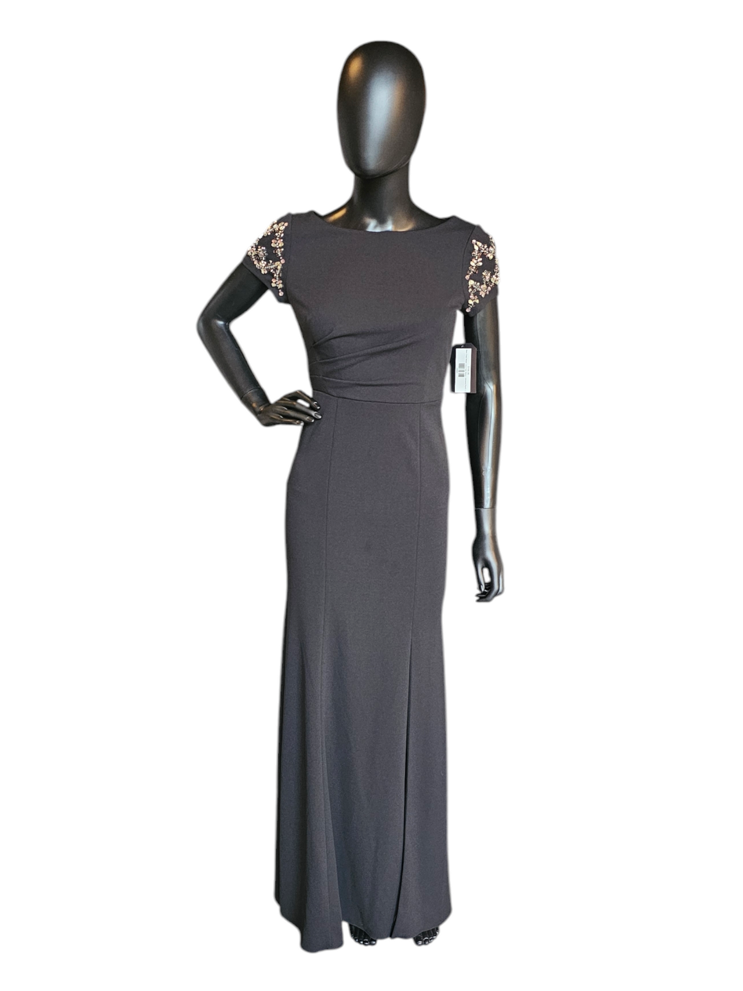 Stretch Crepe Black Fitted Sheath Jewel Cap Sleeve Formal Gown - Adria Arabella Bridal Stretch Crepe Black Fitted Sheath Jewel Cap Sleeve Formal Gown - Adria Arabella Bridal