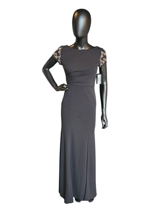 Sttetch Crepe Black Fitted Sheath Jewel Cap Sleeve Formal Gown - Adrianna Papell