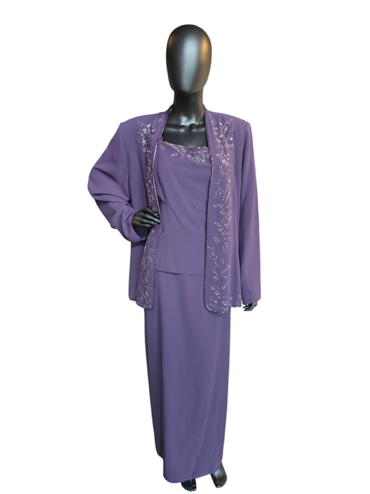 Eggplant Crepe Vine Beaded Formal Gown W/Jacket - Night Studio New York