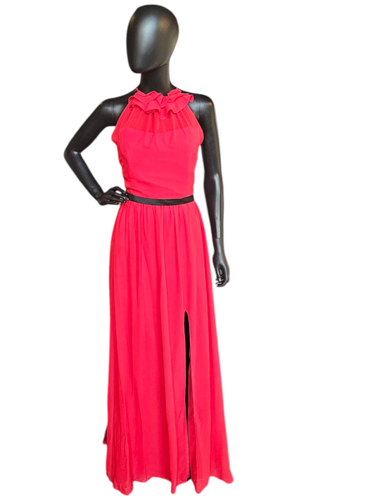 Red/Black Chiffon Gathered Halter Formal Gown With Train - Alfred Angelo