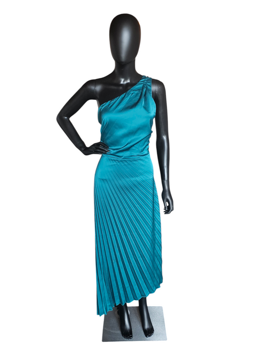 Teal Green Satin One Shoulder Pleated Cocktail Dress - Sam Edelman NWT