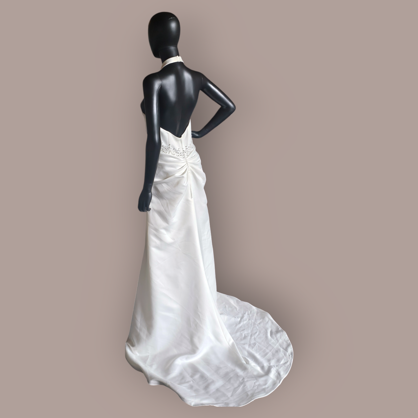 Soft Ivory Satin Halter Ruched Back Wedding Gown - Galina