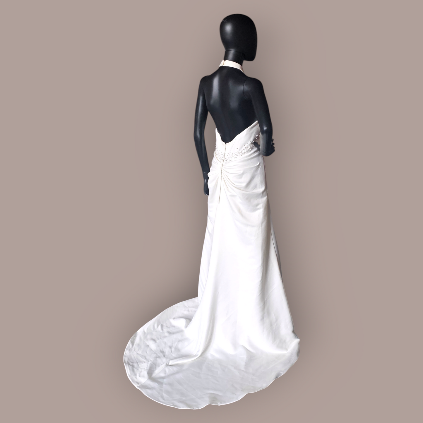 Soft Ivory Satin Halter Ruched Back Wedding Gown - Galina