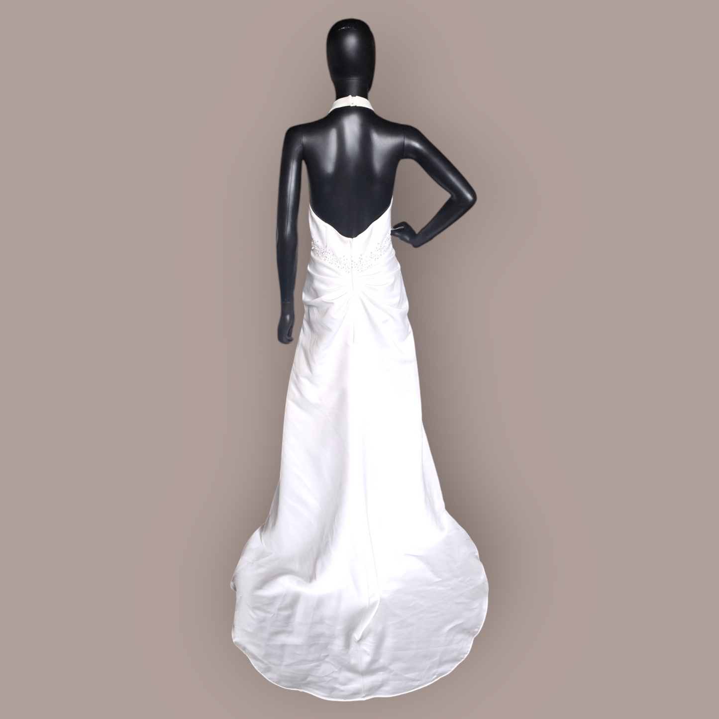 Soft Ivory Satin Halter Ruched Back Wedding Gown - Galina