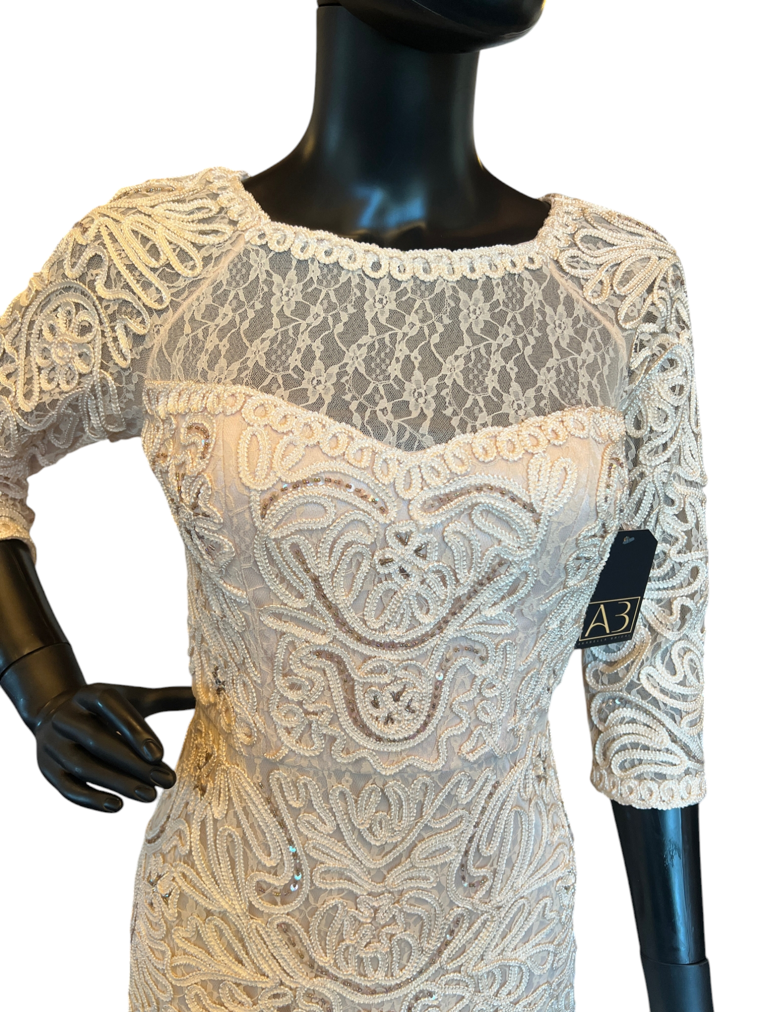 Blush Beaded Lace Mid-Sleeve Cocktail/Party Dress Blush Beaded Lace Mid-Sleeve Cocktail/Party Dress